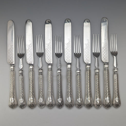 Antique British silver plate dessert cutlery set of 6, circa 1865